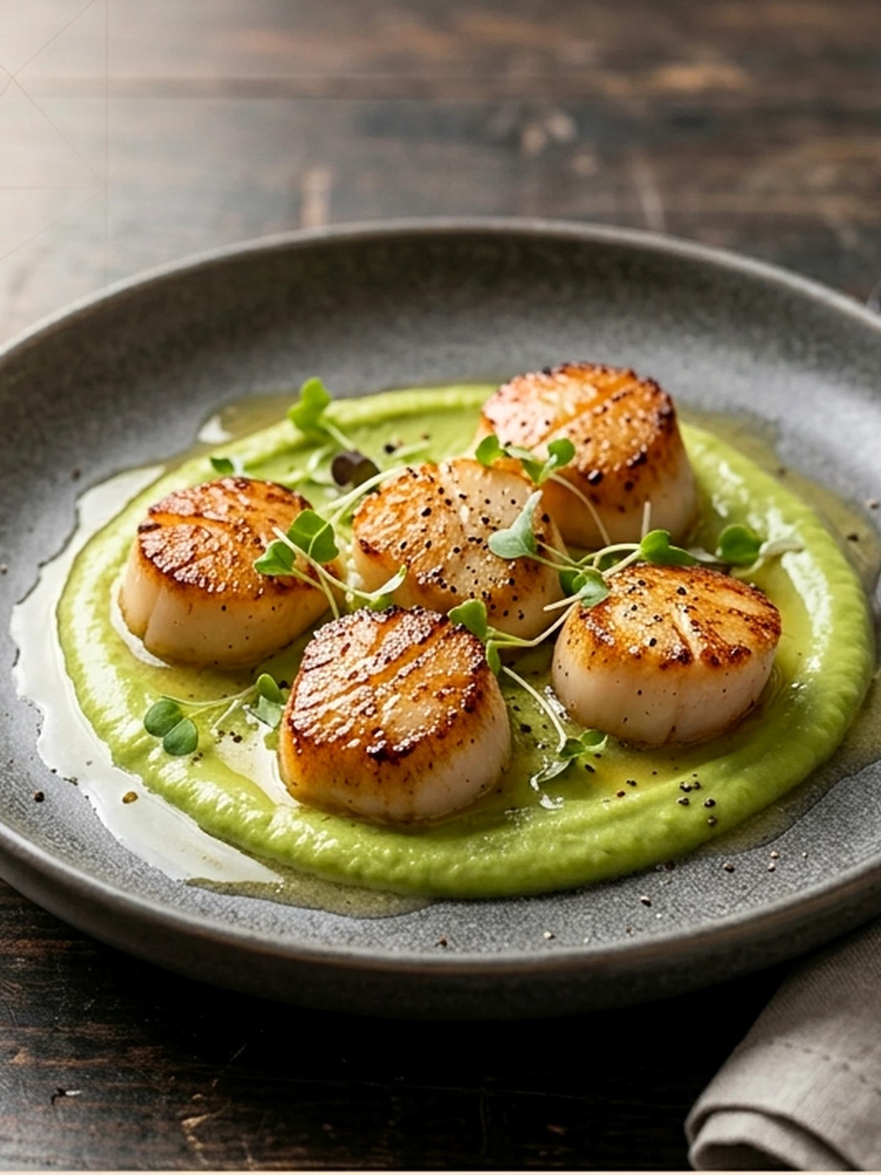 Seared scallops on a bright green pea sauce