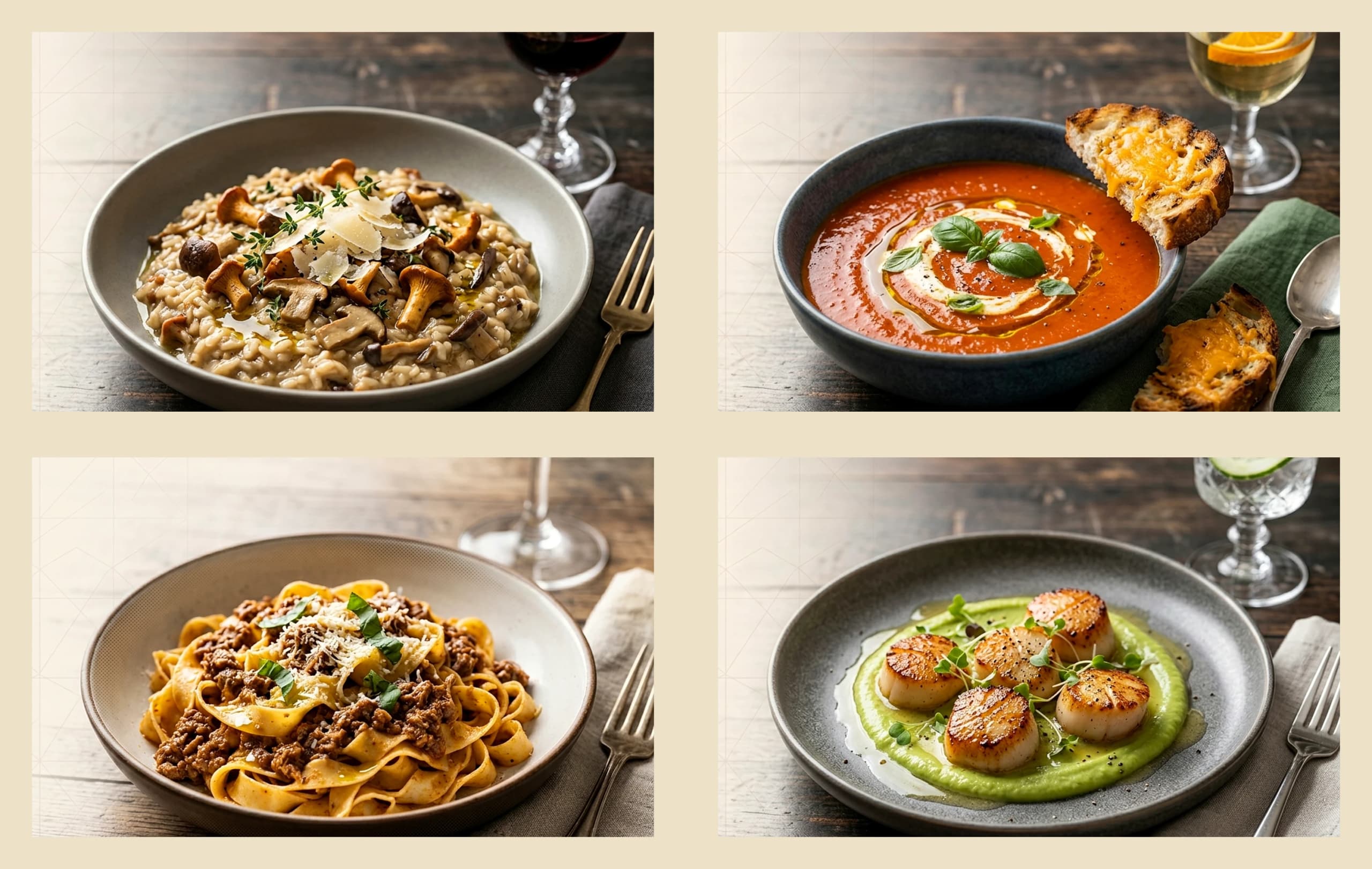An editorial contact sheet of the four dishes in Terra Table Season 08